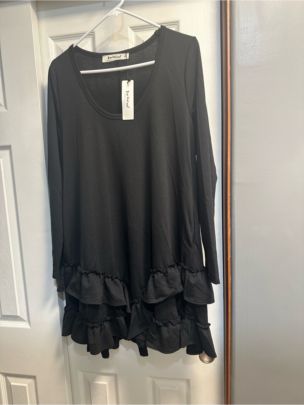 Three Bird Nest Black Long Sleeve Ruffle-Hem Dress
